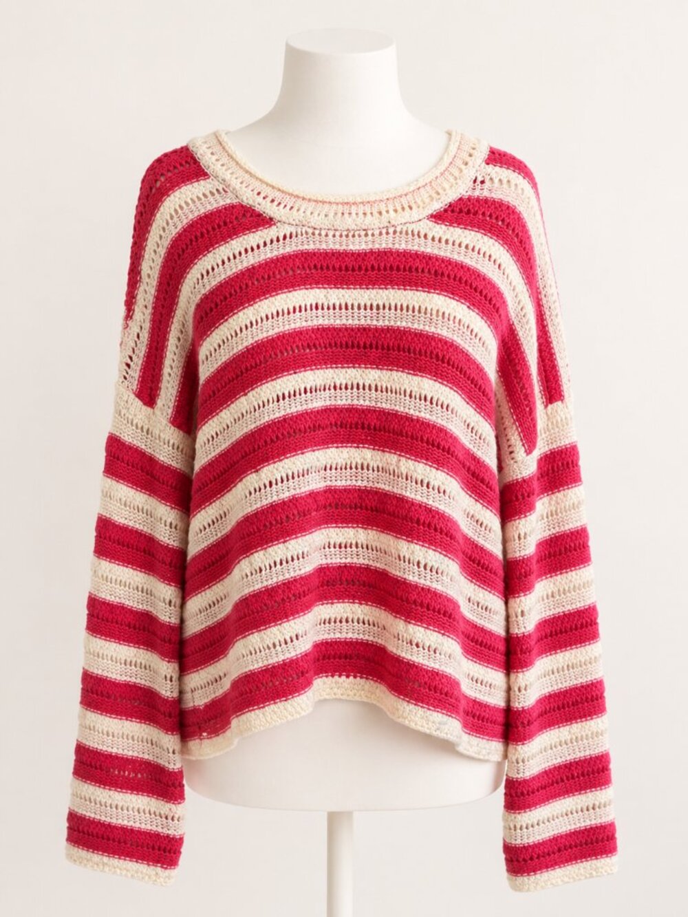 89th & Madison Stripe Pointelle Stitch Pullover Raspberry Sorbet Size Large NWT